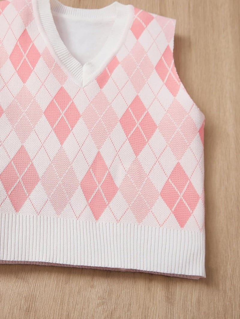 OYOANGLE Girl's Argyle Plaid V Neck Sweater Vest Sleeveless Preppy Casual Pullover Knitted Tank Tops - Image 4